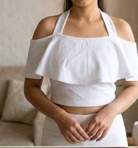 White Ruffle Off-Shoulder Halter Top