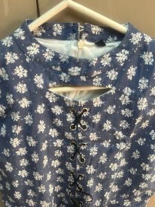 Denim Floral Print Lace-Up Dress