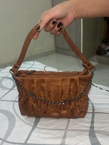 Chic Brown Ruched Shoulder Bag with Chain