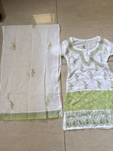 White &amp; Green Embroidered Kurta Set with Dupatta