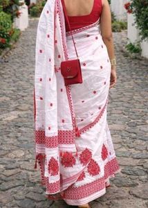 Elegant White Saree with Red Embroidery