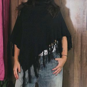 Black Fringed Poncho Top