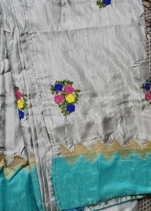 Embroidered Grey &amp; Teal Saree