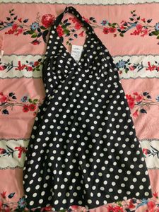 Black &amp; White Polka Dot Halter Dress