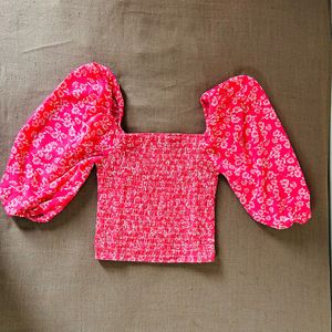 Pink Floral Smocked Puff Sleeve Top