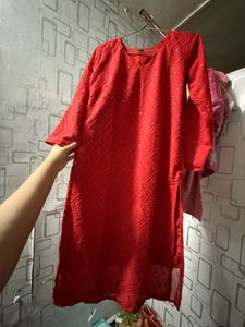 Stunning Red Sequined Kurta Set with Dupatta