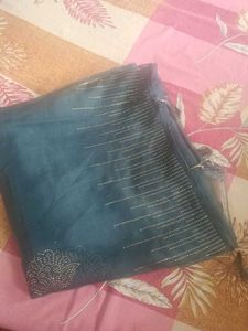 Deep Teal Blue Net Saree with Traditional Zari Bor