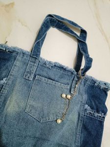 Denim Tote Bag with Pearl Charm