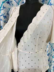 Chic Cream Polka Dot Wrap Top Scallop hem