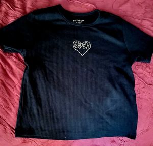 Black Ribbed T-Shirt with Heart Rhinestones