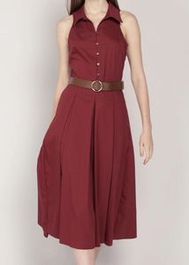 Maroon Collared Sleeveless Midi Dress with Belt