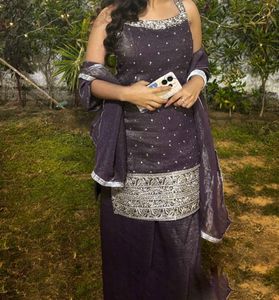 Elegant Dark Purple Kurta Set with Silver Embellis