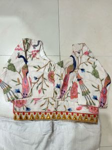 Embroidered Peacock Blouse &amp; White Skirt Set