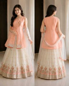 Elegant Peach &amp; Cream Embroidered Lehenga Set
