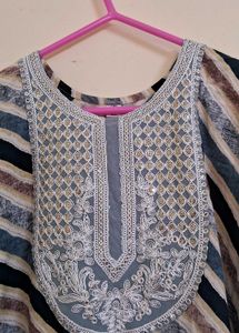 Striped Kurta with Embroidered Neckline
