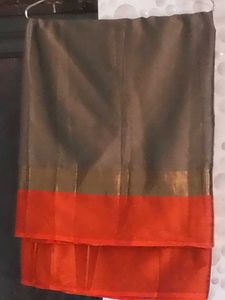 New Elegant Grey&amp;Orange LaceBorder CottonSilk Sar