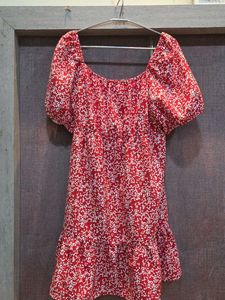 Red Floral Print Puff Sleeve Mini Dress