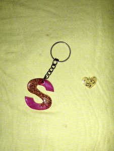 Letter S Keychain with Heart Charm