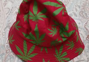 Red Bucket Hat with Green Leaf Print