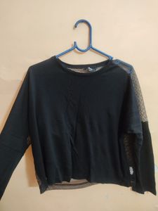 Sheer Mesh Detail Black Long Sleeve Top
