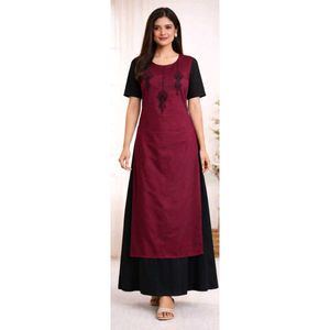 Wine Maroon Maxi Dress with Black Embroidery