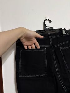 Black Wide Leg Cargo Jeans | Contrast Stitching