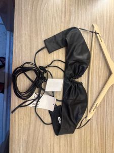 ZARA Black Faux Leather Ruched Crop Top