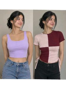 Combo of 2 Trendy Tops – Ribbed Patchwork & Lavend