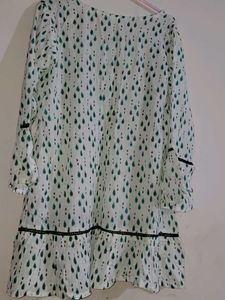 Elegant White ethenic dress with Green Drops Print