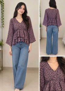 Mauve Black Printed Peplum Ruffle Top