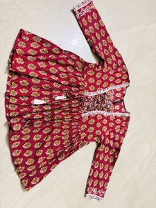 Red Printed Kurta Set with Lace Trim