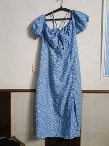 Blue Floral Off-Shoulder Midi Dress