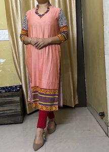 I Have stitched This Kurta In My Boutique. The Fabric Is Pure Cotton With Pure Cotton Lining Also. Print fabric at the back of the kurta perfect for office and summer ready .