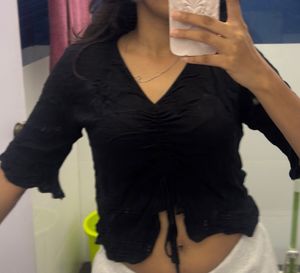 Black Ruched V-Neck Top