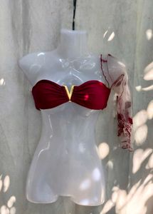 361110. Women's Red Bikini Top with Gold Accent