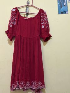 Boho Red Embroidered Off-Shoulder Dress