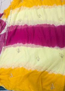 Unused Pink& Yellow Ombre Chiffon Handwork Saree