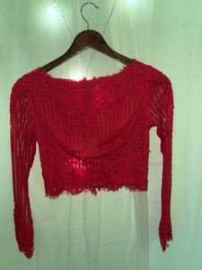 Red Lace Trim Long Sleeve Crop Top