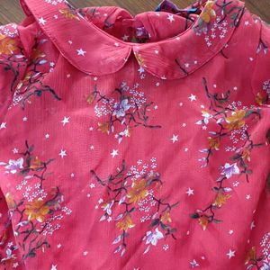 Cute Floral Print Girls Red Peplum Chiffom Top