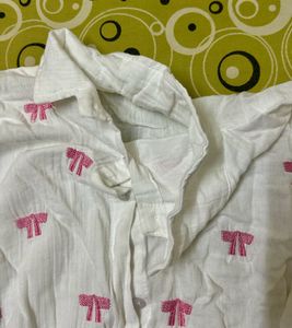 White Button-Up shirt with Pink Bows