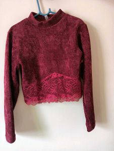 Burgundy Corduroy Lace Crop Top