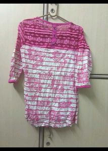 Pink Floral Stripe Lace Trim Top