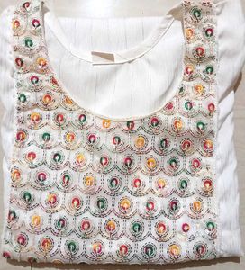 White Kurta with Embroidered Neckline