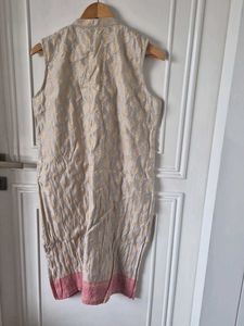 Ivory and pink pure chanderi sleeveless kurti