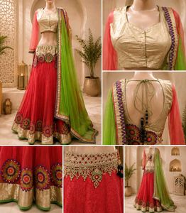 Stunning Red & Green Embroidered Lehenga Choli Set