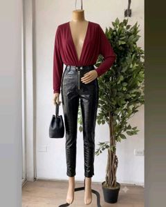 Shiny Black High-Waisted Pants and maroon top