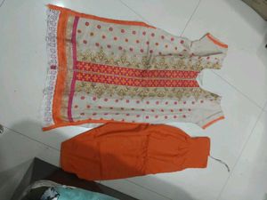 Embroidered Cream Kurta with Orange Pants