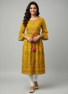 SALE - Yellow Printed Kurta with Mirror Work