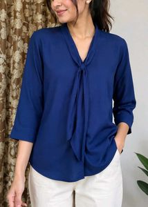 Elegant Navy Blue Tie-Neck Top