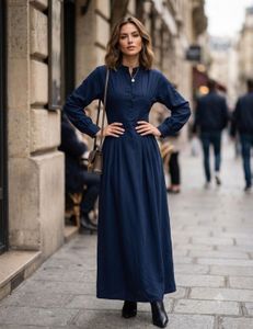korean Elegant Navy Blue Long Sleeve Dress